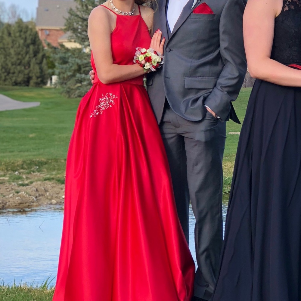 Red Rhinestone trimmed pocket dress